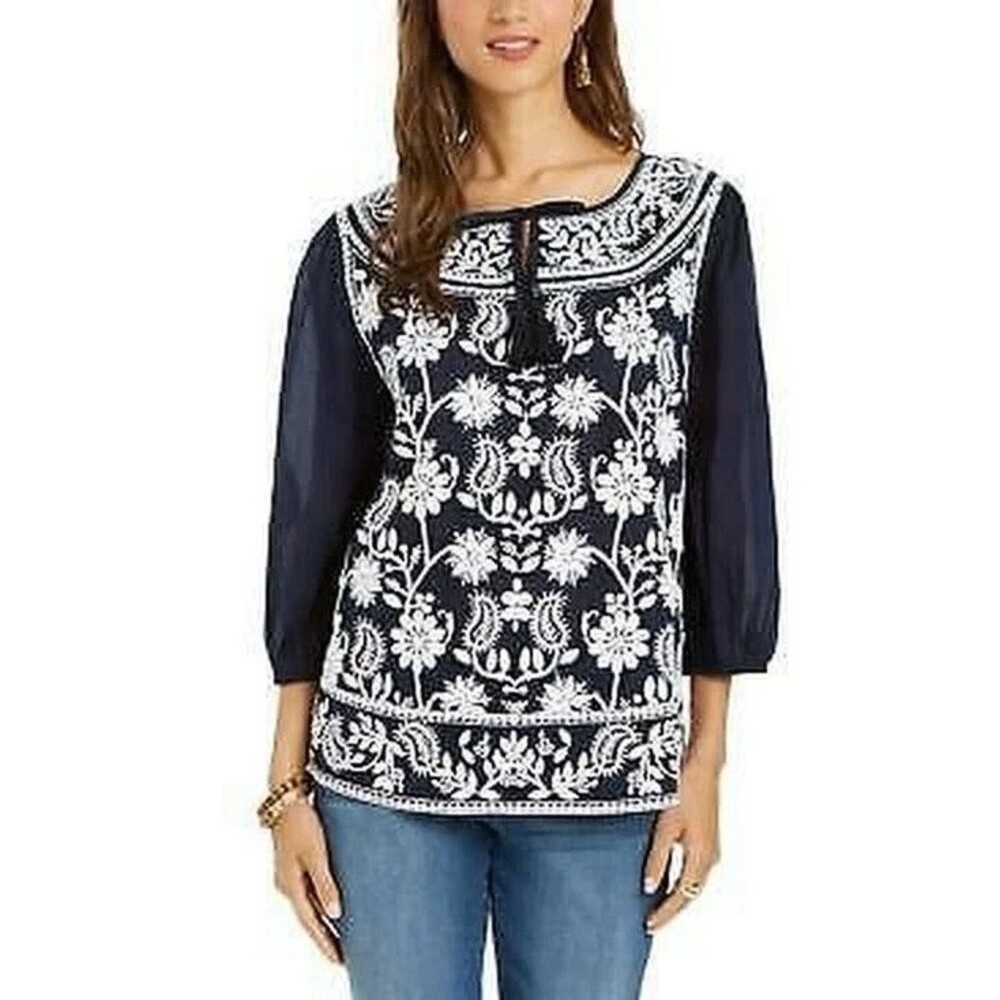 Style & Co embroiderd peasant top‎ womens Plus Size XXL navy floral tunic